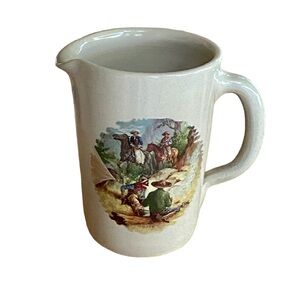 Shaker & Thangs Vintage Pottery Pitcher Western Cowboy Scene Ivory 16.25” X 4.5”